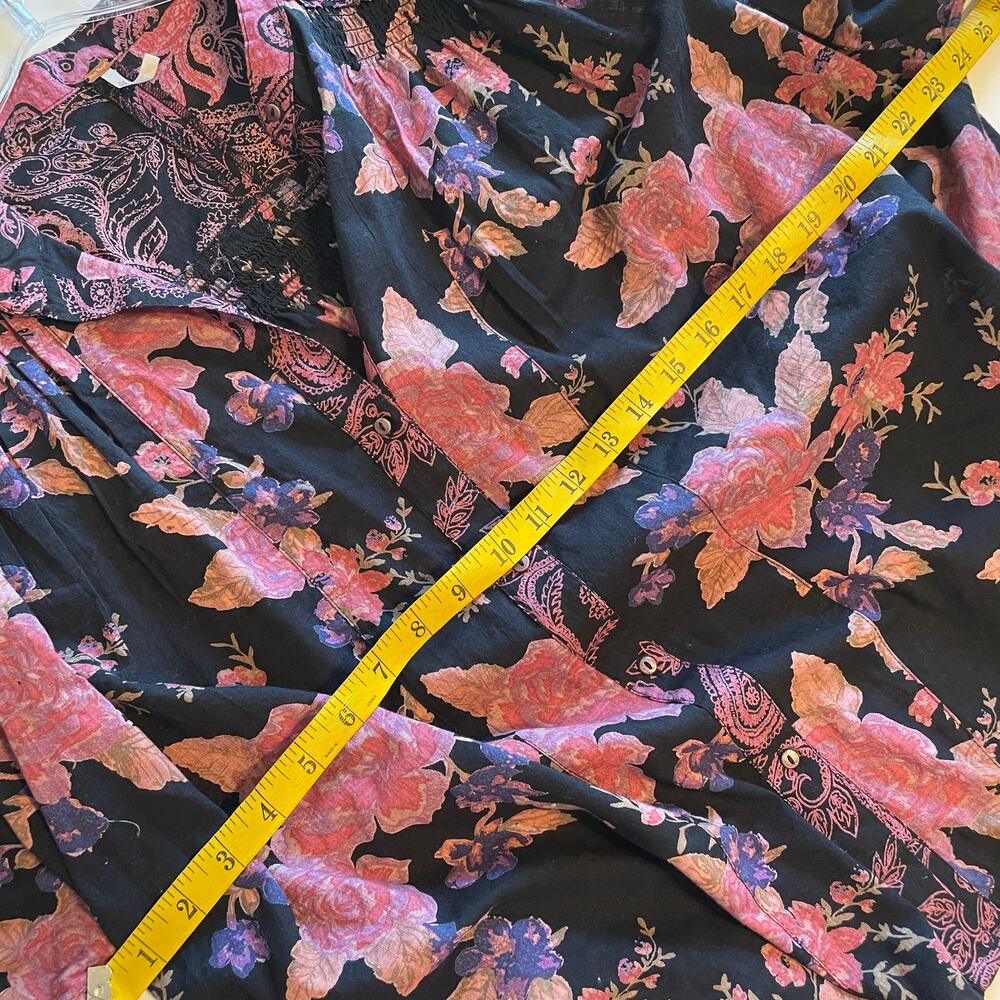 Free People Maraya Top Womens Size Large Black Combo Mixed Floral Puff Sleeves - Picture 9 of 11